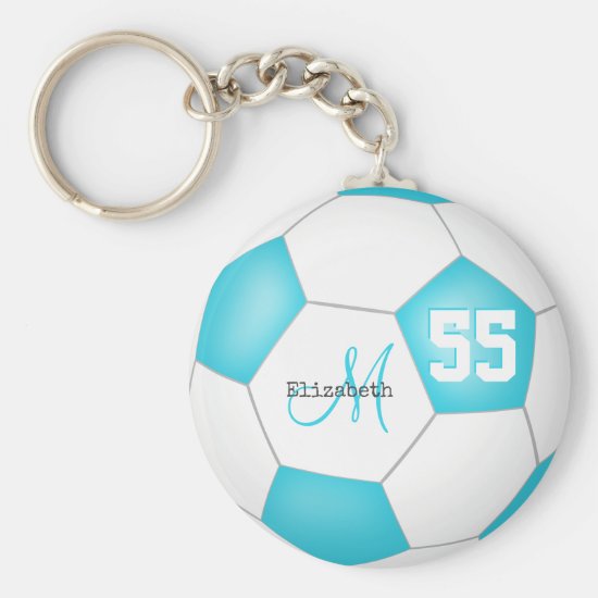 cute turquoise blue and white girls' soccer keychain