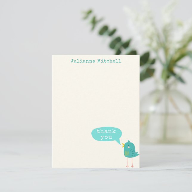 Cute Turquoise Blue Bird Custom Name Thank You Card (Standing Front)
