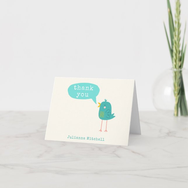 Cute Turquoise Blue Bird Name Personalized Thank You Card (Front)