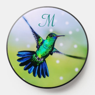 Cute Turquoise Blue Hummingbird & Monogram PopSocket