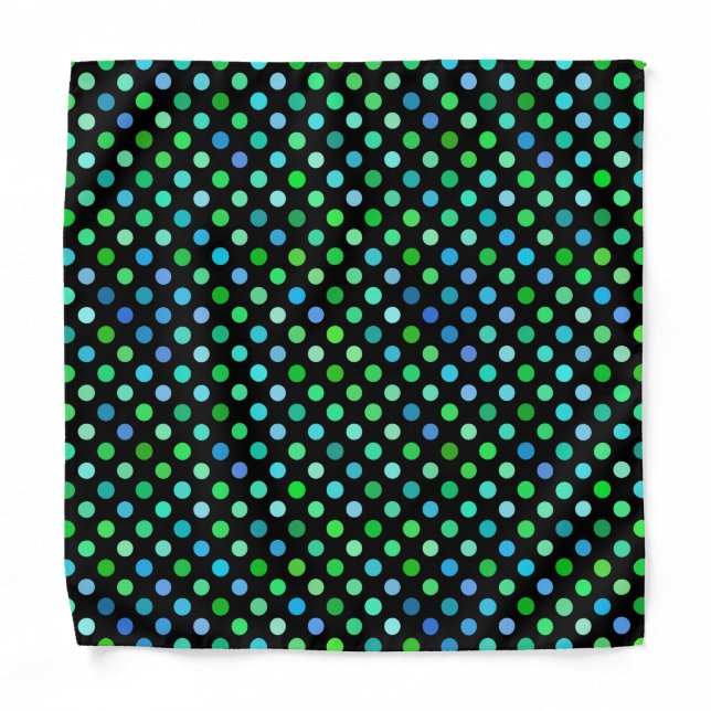 Cute Turquoise Blue Lime Green Polka Dots On Black Bandana (Front)