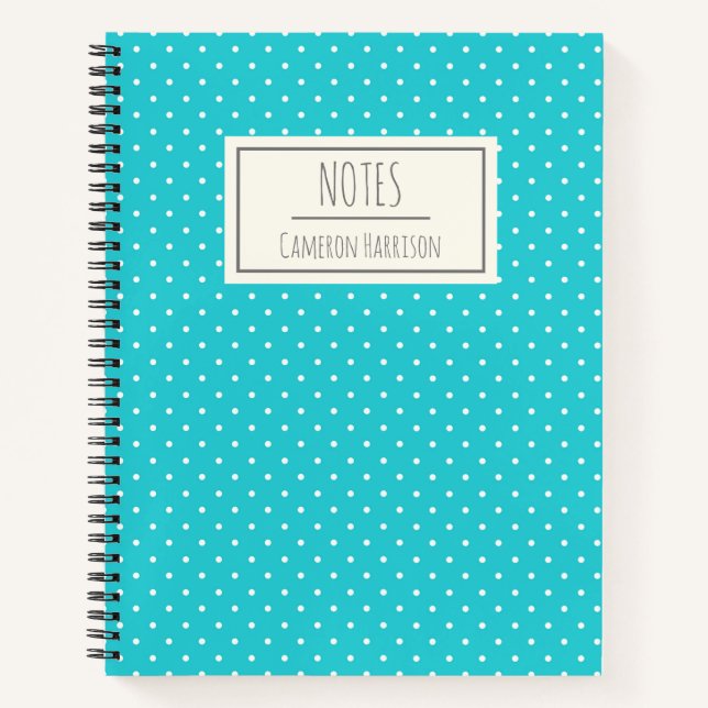 Cute Turquoise Blue Polka Dots Personalized Notebook (Front)