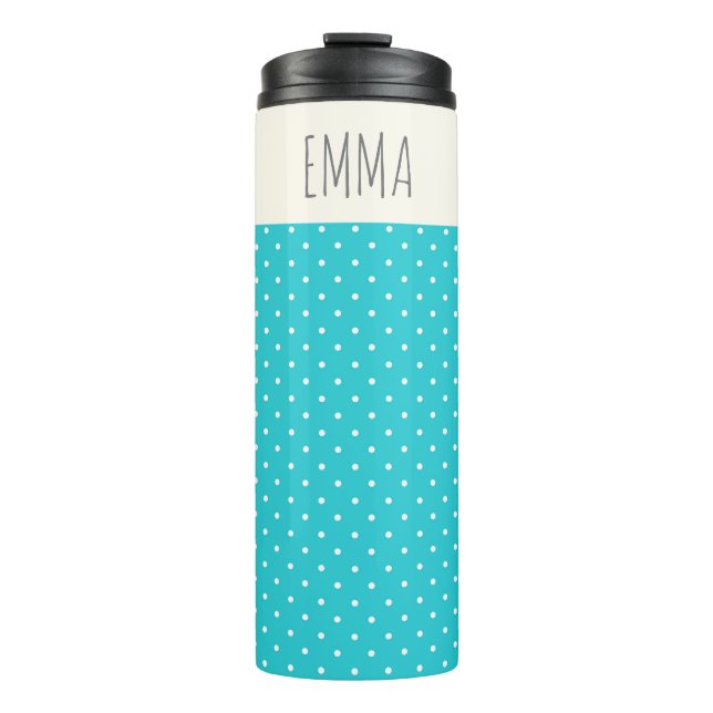 Cute Turquoise Blue Polka Dots Personalized Thermal Tumbler (Front)