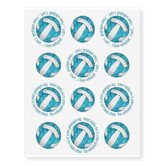 cute turquoise blue white set of 12 volleyball temporary tattoos (Front)