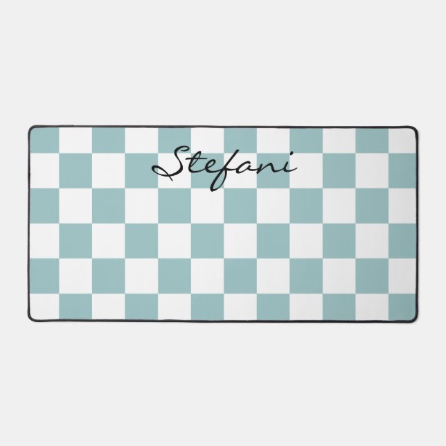 Cute Turquoise Checkers Pattern Name Desk Mat (Front)