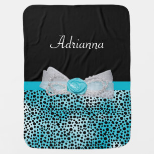 Cute Turquoise Cheetah Print Frilly Bow and Name Baby Blanket