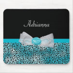 Cute Turquoise Cheetah Print Frilly Bow and Name Mouse Pad