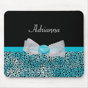 Cute Turquoise Cheetah Print Frilly Bow and Name Mouse Pad