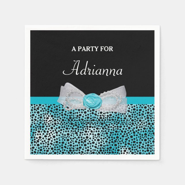 Cute Turquoise Cheetah Print Frilly Bow and Name Napkins (Front)