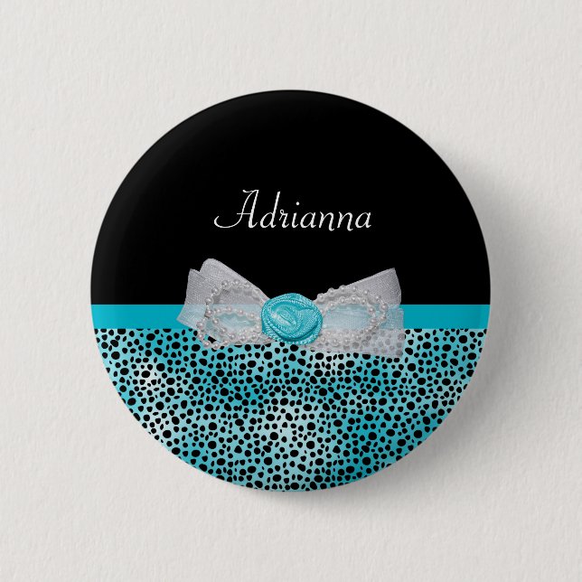 Cute Turquoise Cheetah Print Frilly Bow and Name Pinback Button (Front)
