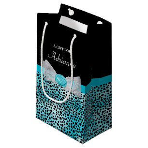 Cute Turquoise Cheetah Print Frilly Bow and Name Small Gift Bag