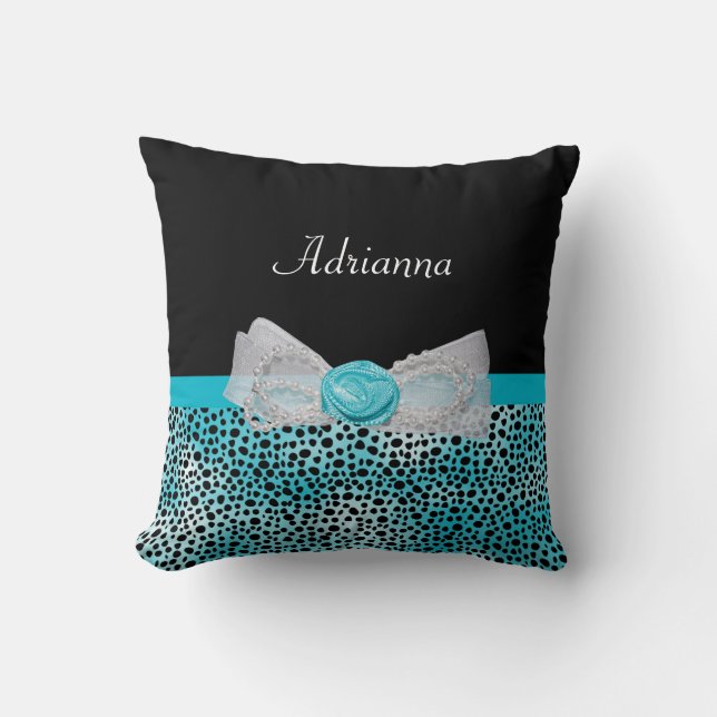 Cute Turquoise Cheetah Print Frilly Bow and Name Throw Pillow (Front)