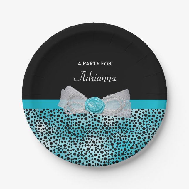 Cute Turquoise Cheetah Print Frilly Bow Party Name Paper Plates (Front)