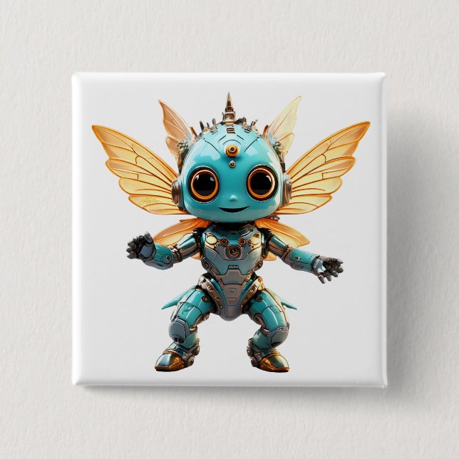 Cute Turquoise Dancing Robot Pixie Button (Front)