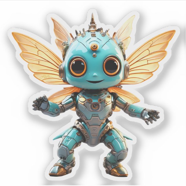 Cute Turquoise Dancing Robot Pixie Sticker (Front)
