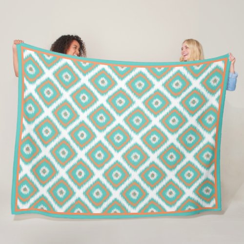 Cute Turquoise Diamond Squares Ikat Mosaic Pattern Fleece Blanket