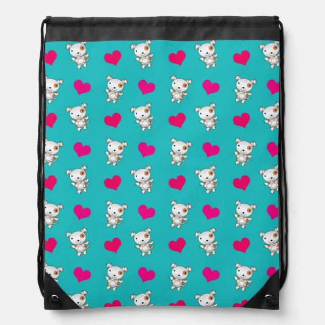 Cute turquoise dog hearts pattern drawstring bag (Front)