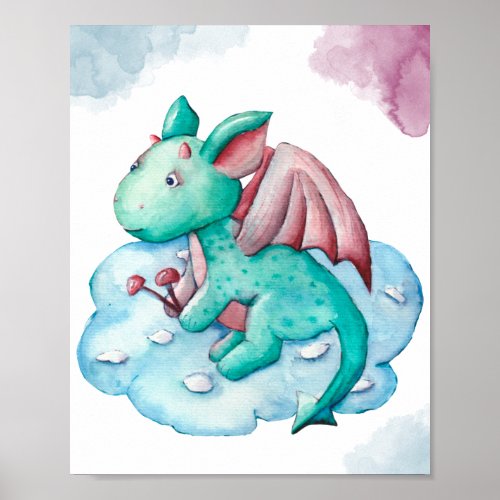 Cute Turquoise Dragon On a Cloud Display Poster