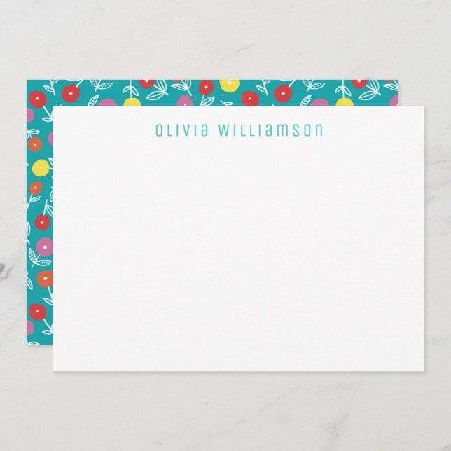 Cute Turquoise Floral pattern Note Card (Front/Back)