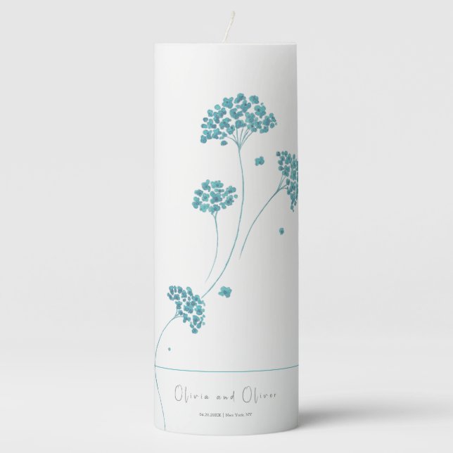 Cute Turquoise Flowers Pillar Candle (Front)
