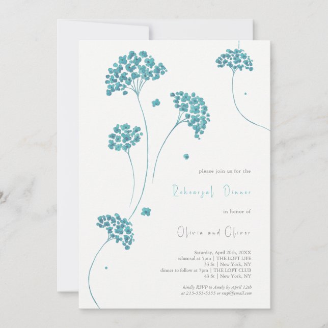 Cute Turquoise Flowers Rehearsal Dinner  Invitation (Front)