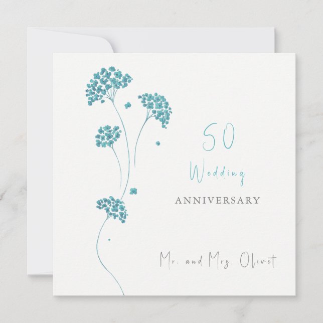Cute Turquoise Flowers Wedding Anniversary 50 Year Invitation (Front)