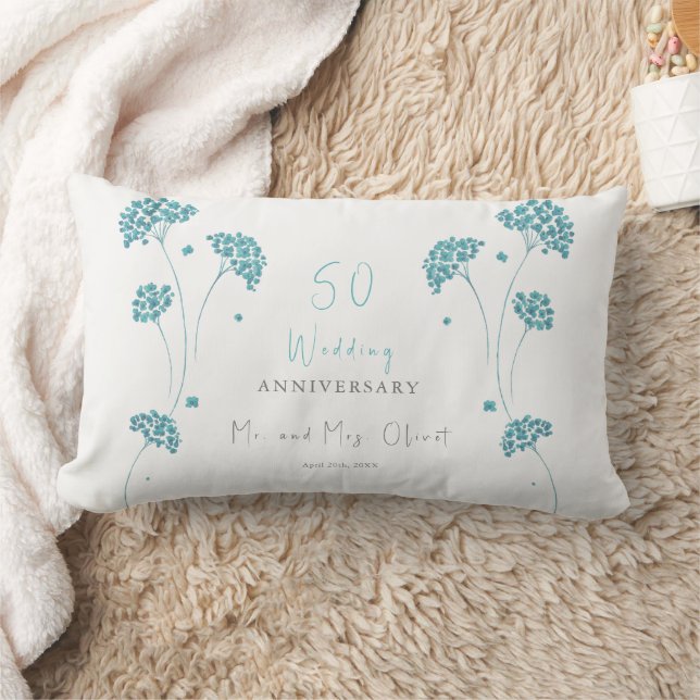 Cute Turquoise Flowers Wedding Anniversary 50 Year Lumbar Pillow (Blanket)