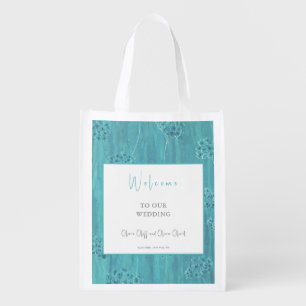 Cute Turquoise Flowers Wedding Welcome Grocery Bag