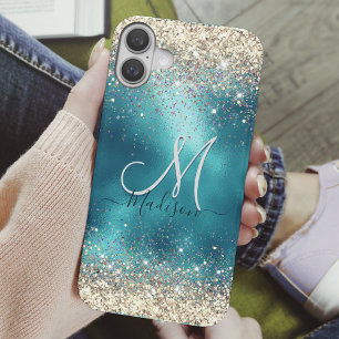 Cute turquoise gold faux glitter monogram Case-Mat iPhone 16 Case