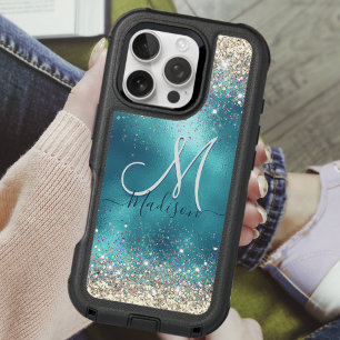Cute turquoise gold faux glitter monogram Case-Mat iPhone 16 Pro Case