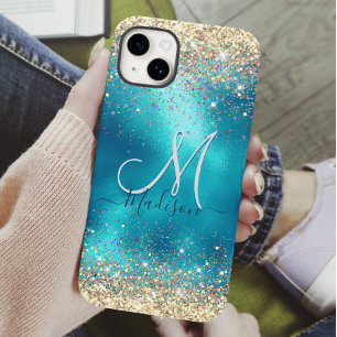 Cute turquoise gold faux glitter monogram Case-Mate iPhone 14 case