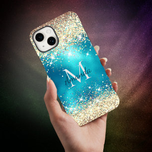 Cute turquoise gold faux glitter monogram iPhone 15 case