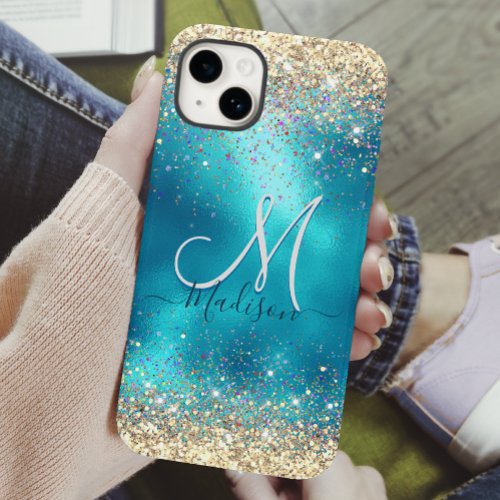 Cute turquoise gold faux glitter monogram Case_Mate iPhone 14 case