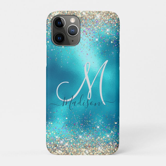 Cute turquoise gold faux glitter monogram Case-Mate iPhone case (Back)