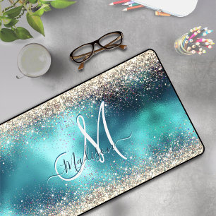 Cute turquoise gold faux glitter monogram desk mat