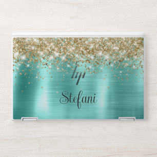 Cute Turquoise Gold Faux Glitter Monogram HP Laptop Skin