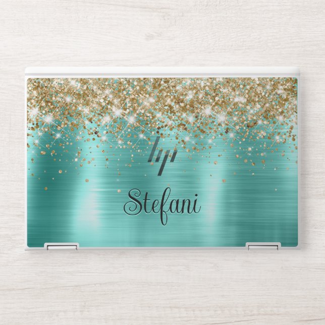 Cute Turquoise Gold Faux Glitter Monogram HP Laptop Skin (Front)