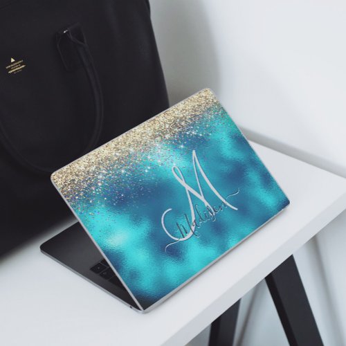 Cute turquoise gold faux glitter monogram HP laptop skin