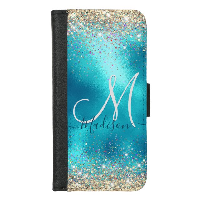 Cute turquoise gold faux glitter monogram iPhone wallet case (Front)