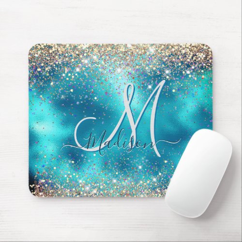 Cute turquoise gold faux glitter monogram mouse pad