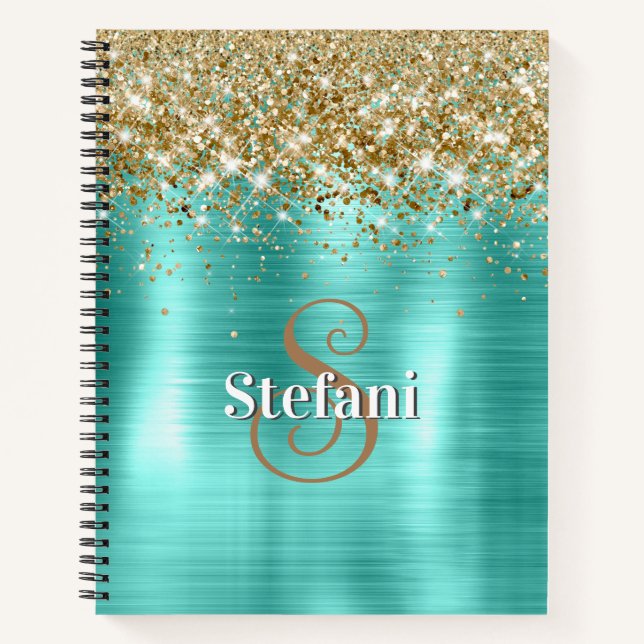 Cute Turquoise Gold Faux Glitter Monogram Notebook (Front)