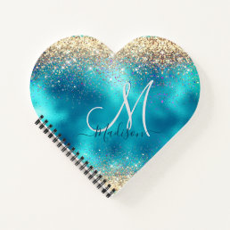 Cute turquoise gold faux glitter monogram notebook
