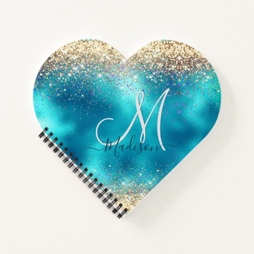 Cute turquoise gold faux glitter monogram notebook