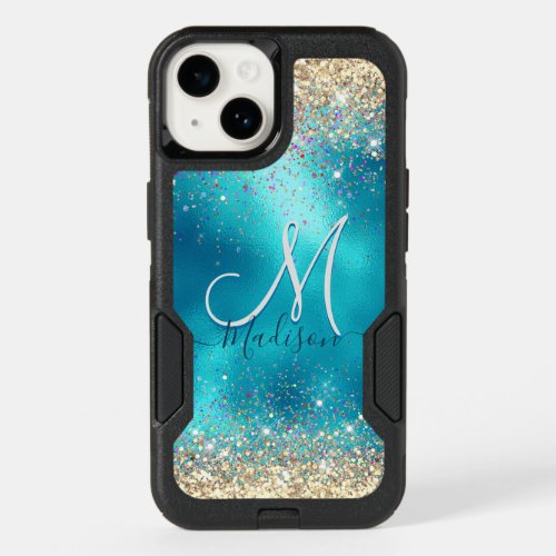 Cute turquoise gold faux glitter monogram OtterBox iPhone 14 case