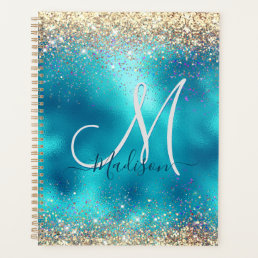 Cute turquoise gold faux glitter monogram planner