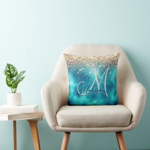 Cute turquoise gold faux glitter monogram throw pillow