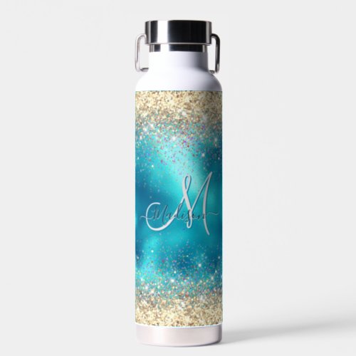 Cute turquoise gold faux glitter monogram water bottle