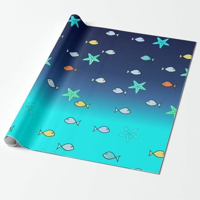 Cute Turquoise Green Blue Starfish Fish Wrapping Paper (Unrolled)