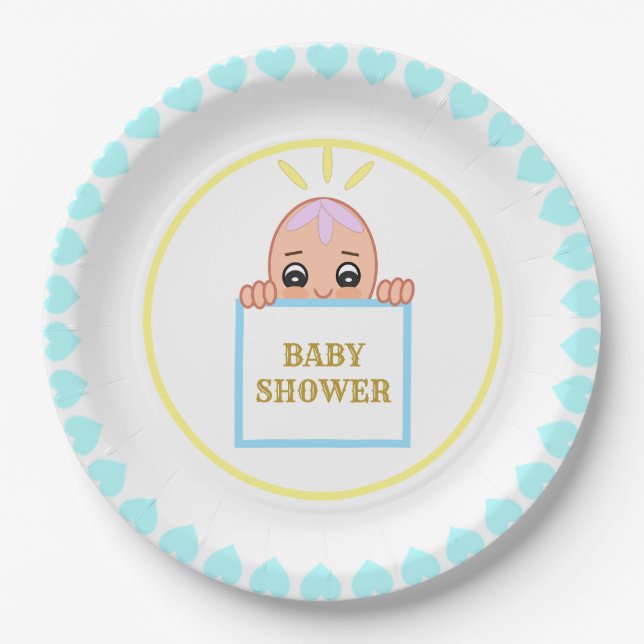 Cute Turquoise Hearts Baby Shower Paper Plates (Front)