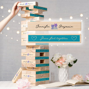 Cute Turquoise Love Cats Family Monogram Topple Tower